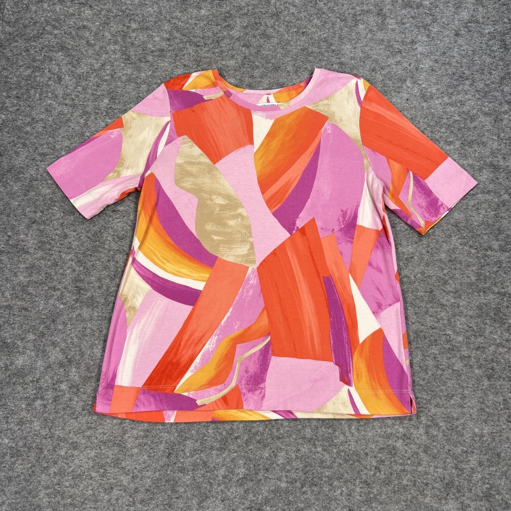 Chicos Shirt Womens L Pink Multicolor Tunic 3/4 Sleeve Jersey Relaxed Casual